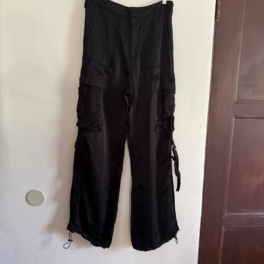 ZARA | Black Satin Baggy Cargo Pants with Drawstring ankles | Medium
